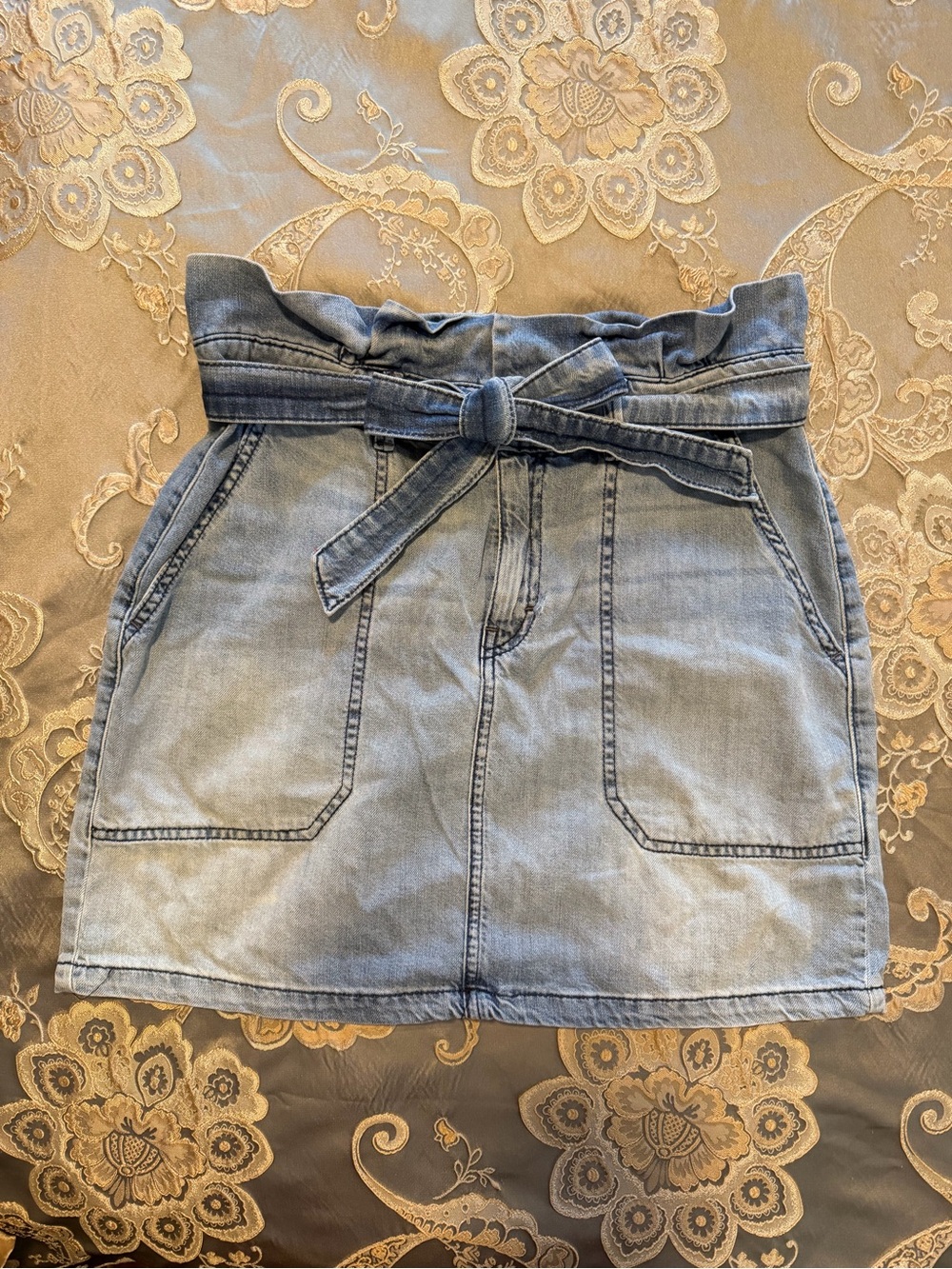Free People Light Blue Denim Mini Skirt with Tie Waist